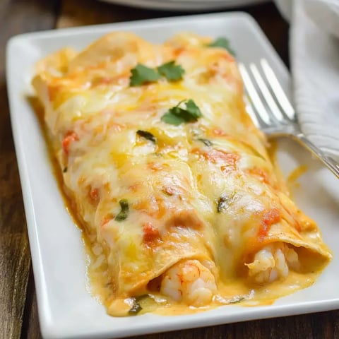 Ein Teller mit käsigen Garnelen-Enchiladas, garniert mit Koriander, steht auf einem Holztisch.