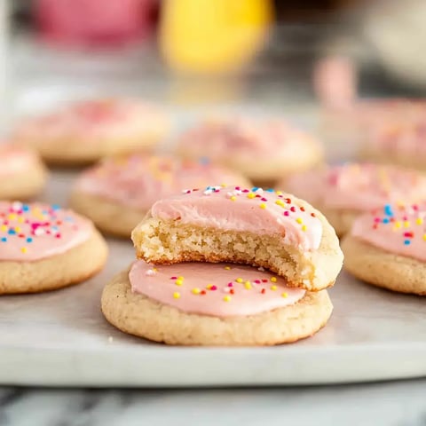 Eine Nahaufnahme von Zuckerkeksen mit Frosting und bunten Streuseln, wobei von einem Keks ein Bissen abgenommen wurde.