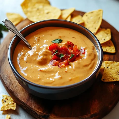 Eine Schüssel cremiger Käsedip mit gewürfelten Tomaten und Koriander, umgeben von Tortilla-Chips auf einem Holztablett.
