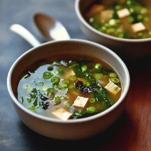 Eine Nahaufnahme von zwei Suppenschalen mit Tofu, Frühlingszwiebeln, Seetang und Blattgemüse auf einer Holzoberfläche.