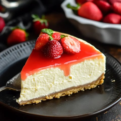 Ein Stück Käsekuchen mit frischen Erdbeeren und glänzender roter Glasur, serviert auf einem dunklen Teller mit weiteren Erdbeeren im Hintergrund.