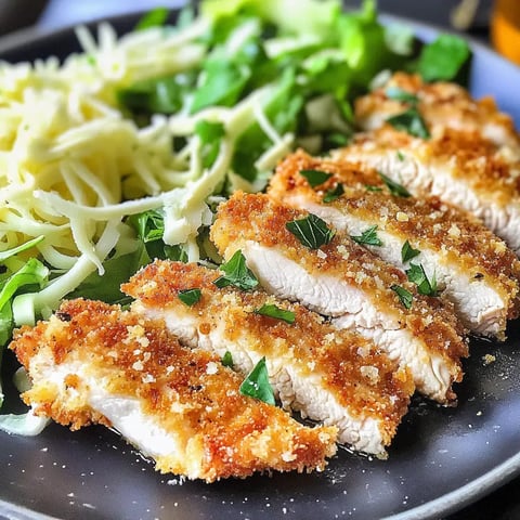 Ein Teller mit geschnittenem, paniertem Hähnchen, garniert mit Petersilie, serviert mit gemischtem Salat und geriebenem Käse.