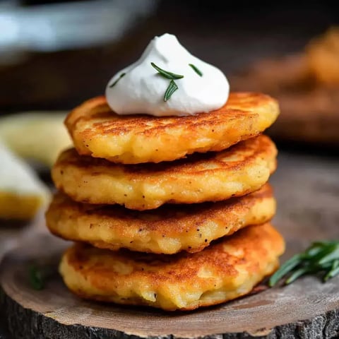 Ein Stapel von vier goldbraunen Kartoffelpuffern mit einem Klecks saurer Sahne und Kräutern garniert, auf einer Holzoberfläche serviert.
