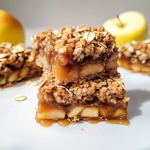 Eine Nahaufnahme von geschichteten Apfel-Crumble-Riegeln mit Haferflockentopping und einem ganzen gelben Apfel im Hintergrund.