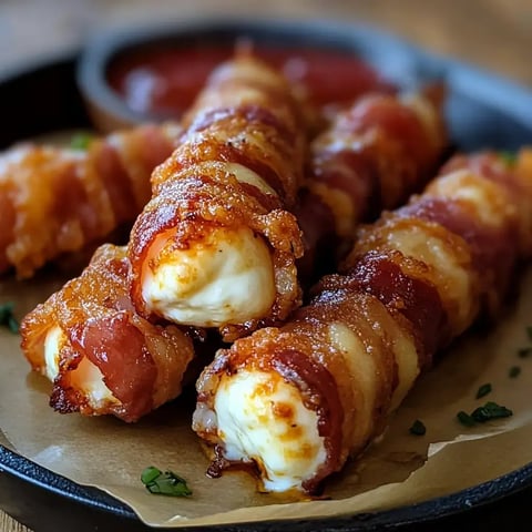 Ein Teller mit knusprigen, speckumwickelten Mozzarellastäbchen, serviert mit einer Dippsauce.