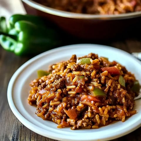Eine Portion gewürztes Hackfleisch mit Reis, grüner Paprika und Tomaten auf einem weißen Teller, mit einem Topf des Gerichts und grünen Paprikaschoten im Hintergrund.