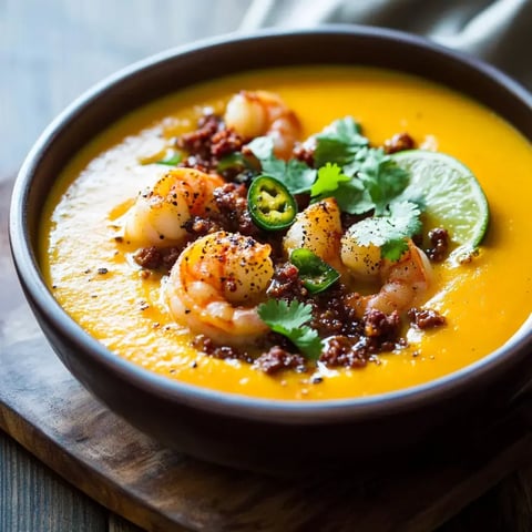 Eine Schüssel cremiger orangefarbener Eintopf garniert mit Garnelen, knusprigen Stückchen, Koriander, geschnittenen Jalapeños und einer Limettenspalte.