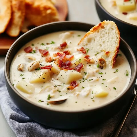 Eine cremige Suppe mit Kartoffeln und Speck, mit Petersilie garniert, wird in einer schwarzen Schüssel neben einer Scheibe geröstetem Brot serviert.