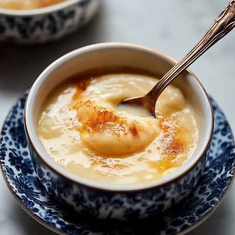 Eine Nahaufnahme einer Schüssel mit cremigem Dessert, bestreut mit Gewürzen und einem Löffel darin, serviert auf einem dekorativen blau-weißen Teller.