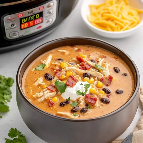 Eine Schüssel cremiger Hähnchensuppe mit schwarzen Bohnen, Mais, Speckstückchen und garniert mit Koriander und saurer Sahne, daneben ein Schongarer mit Kochzeitanzeige.