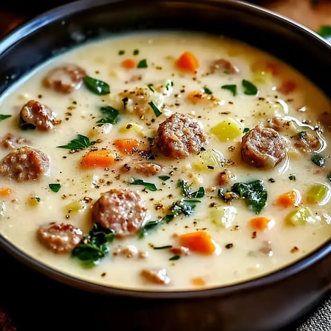 Eine cremige Suppe gefüllt mit Wurst, Karotten, Sellerie und Kräutern wird in einer dunklen Schüssel gezeigt.