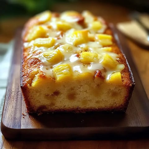 Ein fluffiger Kuchen mit Ananasstücken und glänzender Glasur, auf einem Holzbrett angerichtet.